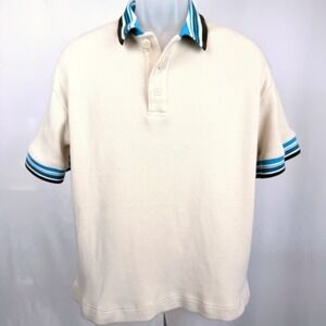 COS Relaxed Fit Waffle Knit Polo Shirt Cream Blue Stripe Collar Men's Small S